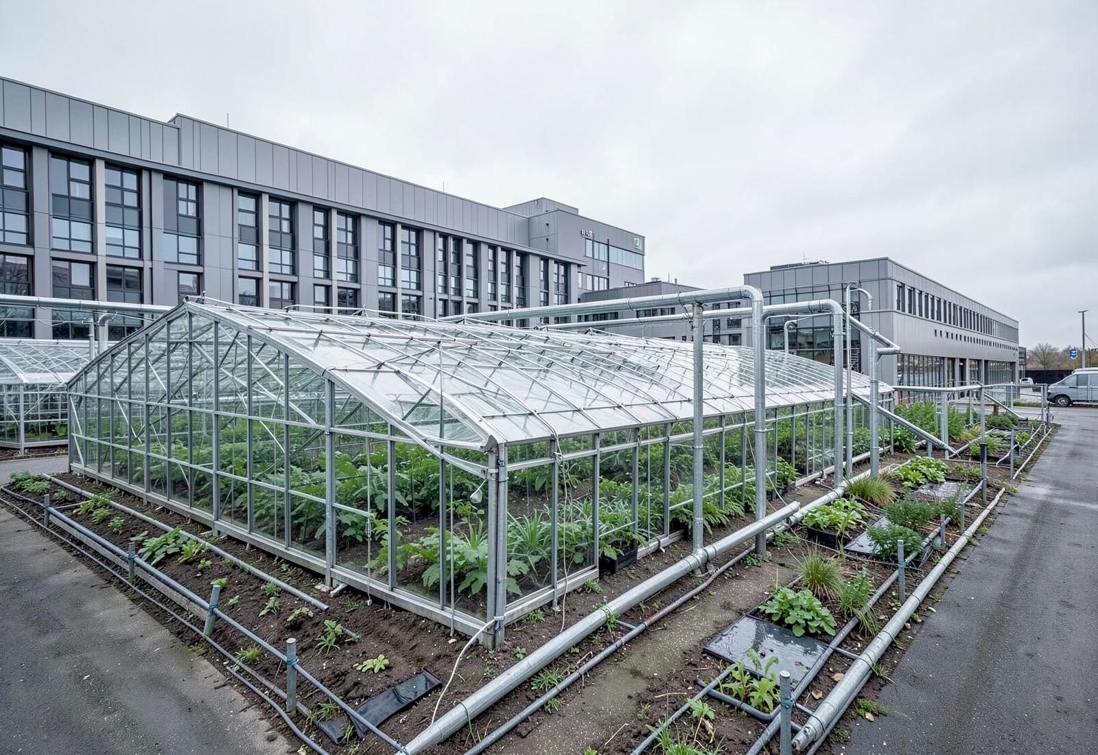 Editorial image illustrating greenhouse agriculture integrated with recovered infrastructure heat
